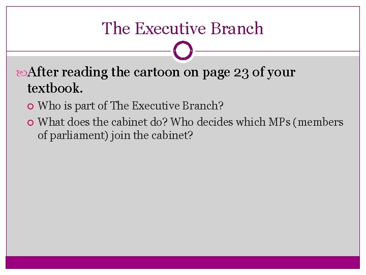 The Executive Branch After reading the cartoon on page 23 of your textbook. Who