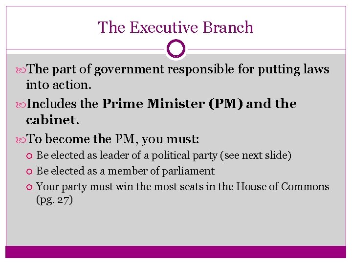 The Executive Branch The part of government responsible for putting laws into action. Includes