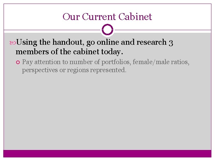 Our Current Cabinet Using the handout, go online and research 3 members of the