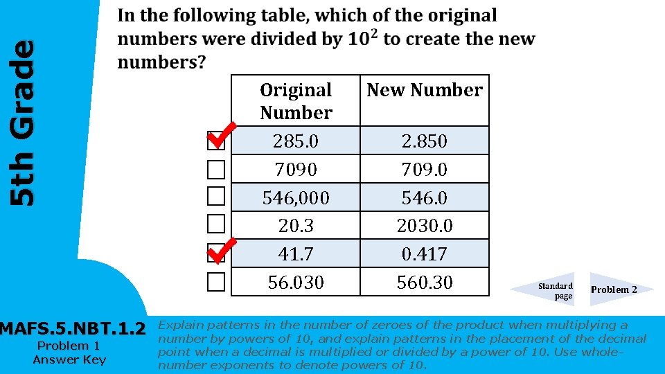 5 th Grade MAFS. 5. NBT. 1. 2 Problem 1 Answer Key Original Number