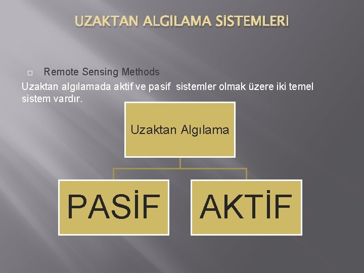 UZAKTAN ALGİLAMA SİSTEMLERİ Remote Sensing Methods Uzaktan algılamada aktif ve pasif sistemler olmak üzere