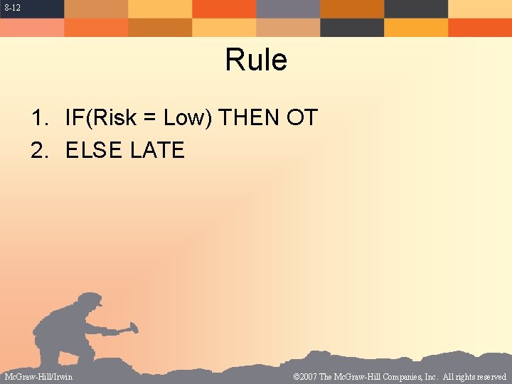 8 -12 Rule 1. IF(Risk = Low) THEN OT 2. ELSE LATE Mc. Graw-Hill/Irwin