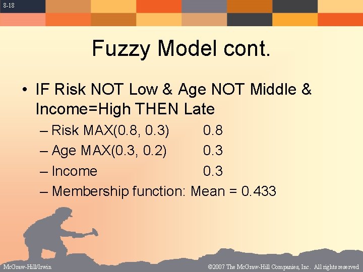 8 -18 Fuzzy Model cont. • IF Risk NOT Low & Age NOT Middle