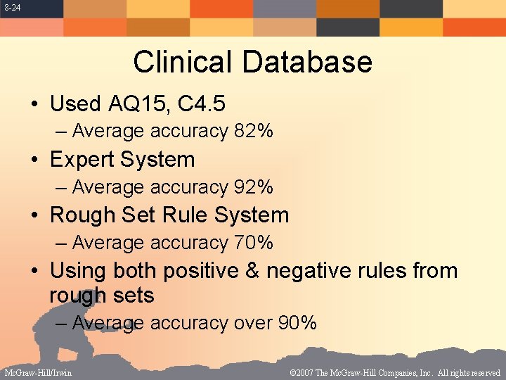 8 -24 Clinical Database • Used AQ 15, C 4. 5 – Average accuracy