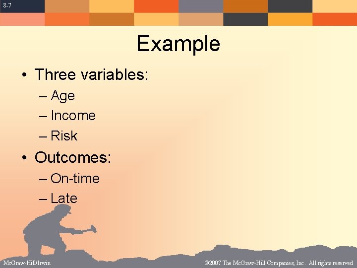 8 -7 Example • Three variables: – Age – Income – Risk • Outcomes: