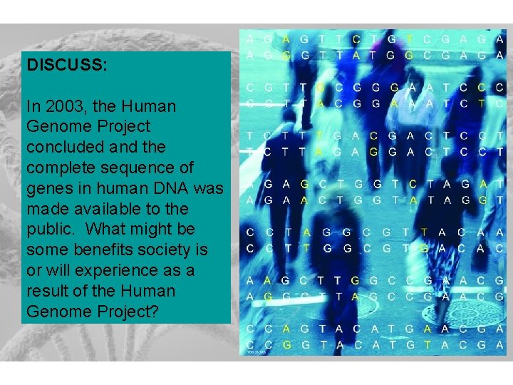 DISCUSS: In 2003, the Human Genome Project concluded and the complete sequence of genes