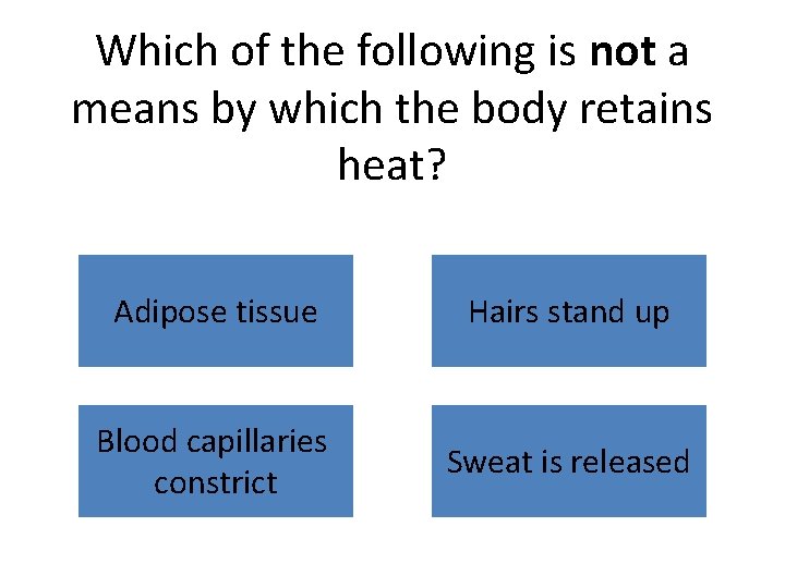 Which of the following is not a means by which the body retains heat?