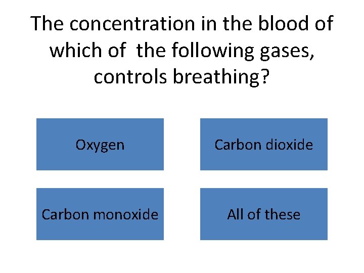 The concentration in the blood of which of the following gases, controls breathing? Oxygen
