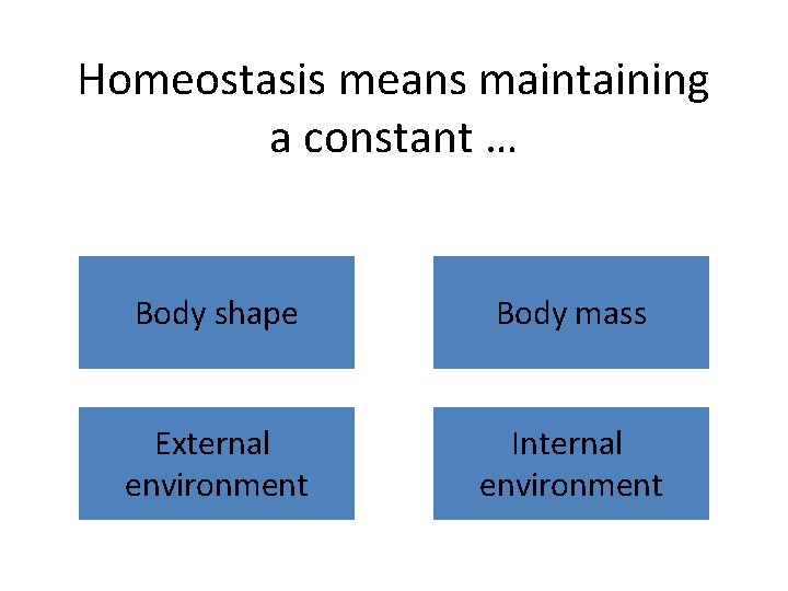 Homeostasis means maintaining a constant … Body shape Body mass External environment Internal environment