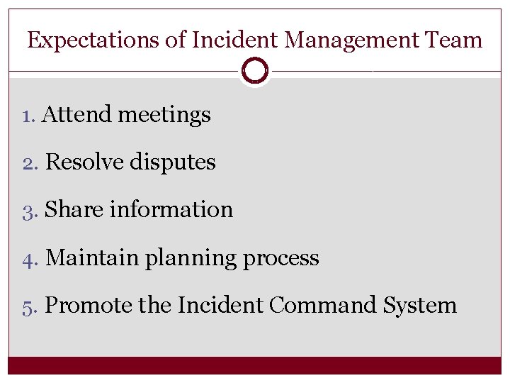 Expectations of Incident Management Team 1. Attend meetings 2. Resolve disputes 3. Share information
