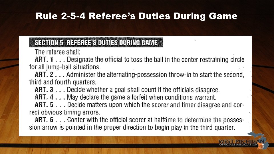 Rule 2 -5 -4 Referee’s Duties During Game 