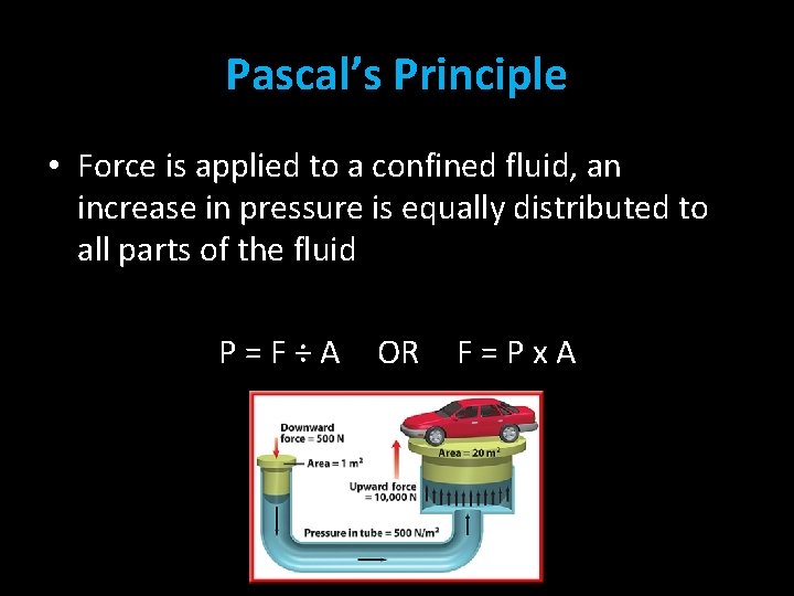 Pascal’s Principle • Force is applied to a confined fluid, an increase in pressure