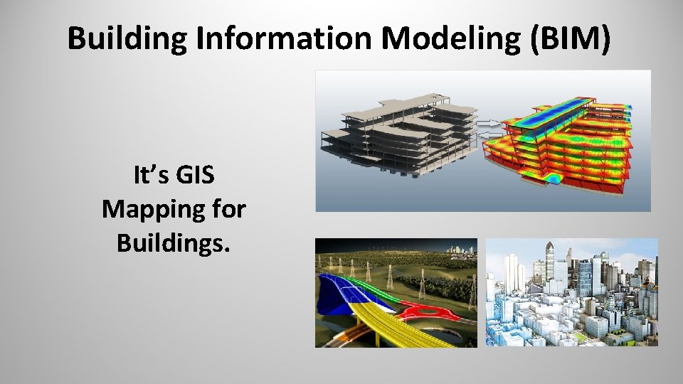 Building Information Modeling (BIM) It’s GIS Mapping for Buildings. 