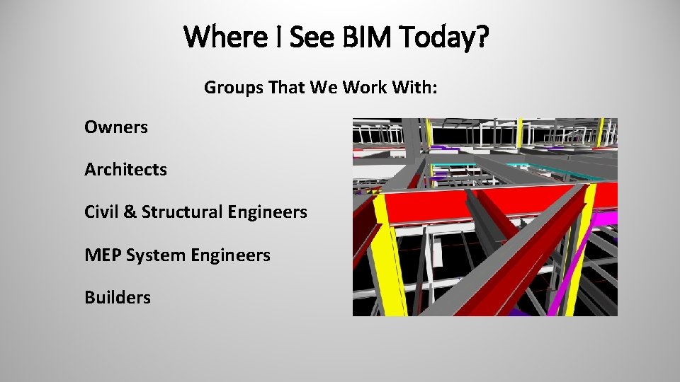 Where I See BIM Today? Groups That We Work With: Owners Architects Civil &