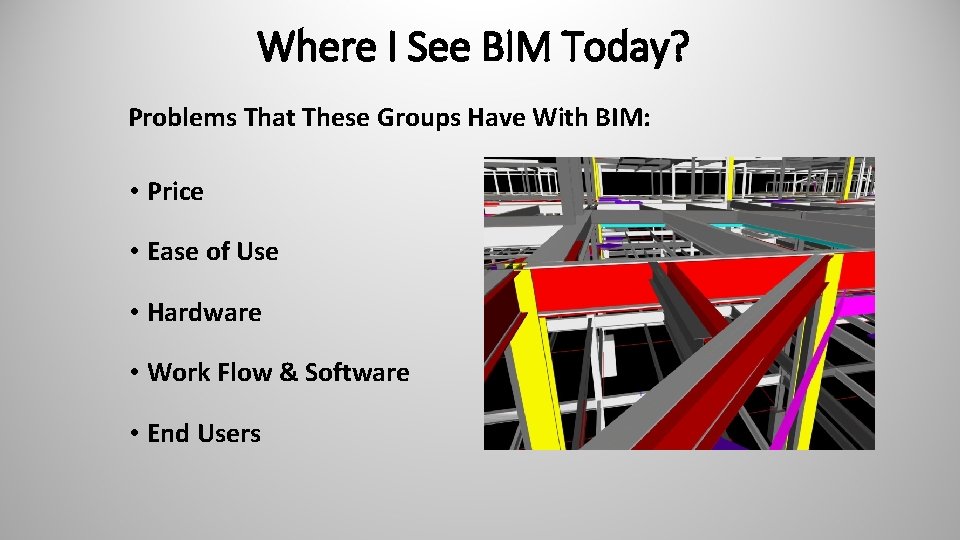 Where I See BIM Today? Problems That These Groups Have With BIM: • Price