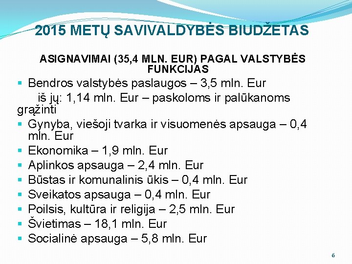 2015 METŲ SAVIVALDYBĖS BIUDŽETAS ASIGNAVIMAI (35, 4 MLN. EUR) PAGAL VALSTYBĖS FUNKCIJAS § Bendros