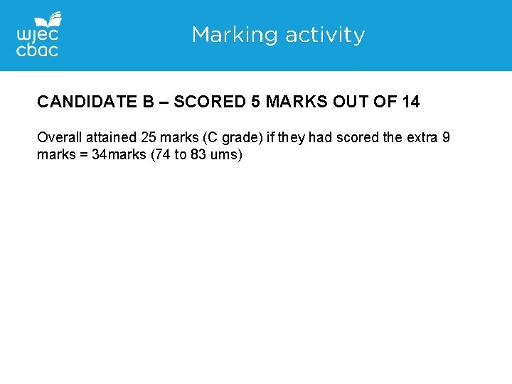 Marking activity CANDIDATE B – SCORED 5 MARKS OUT OF 14 Overall attained 25