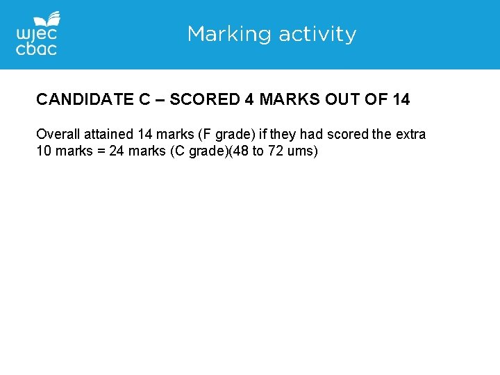 Marking activity CANDIDATE C – SCORED 4 MARKS OUT OF 14 Overall attained 14