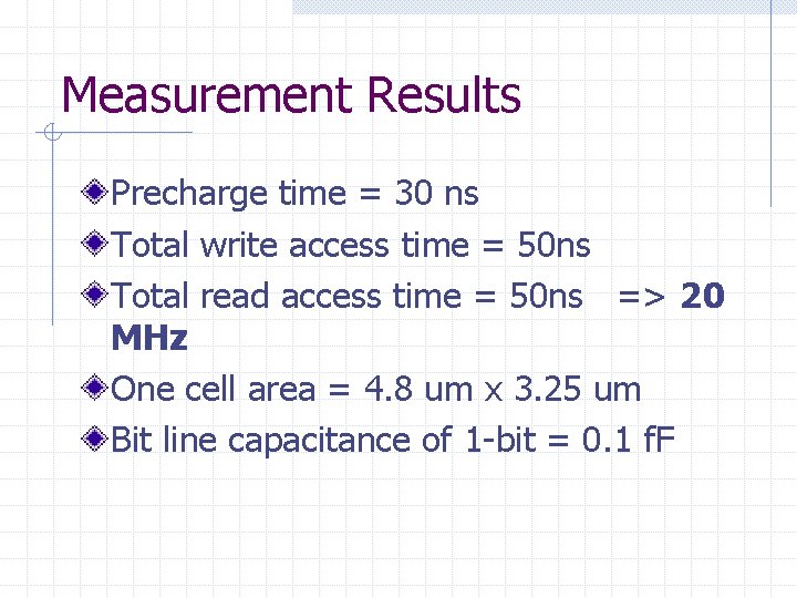Measurement Results Precharge time = 30 ns Total write access time = 50 ns