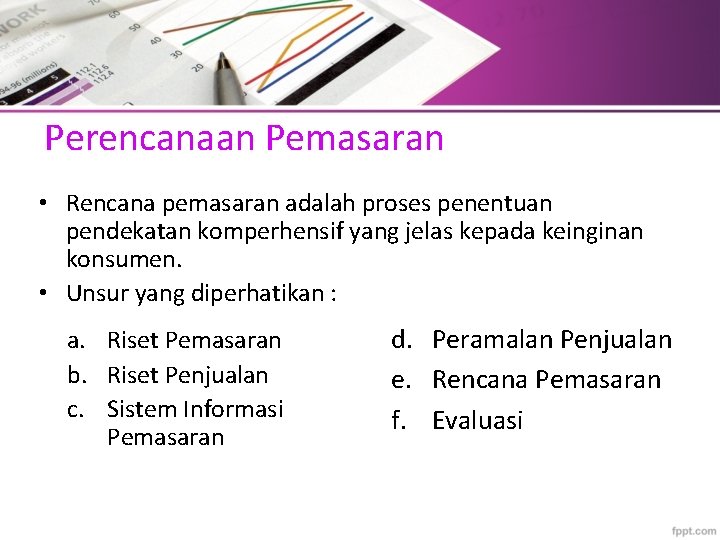 Perencanaan Pemasaran • Rencana pemasaran adalah proses penentuan pendekatan komperhensif yang jelas kepada keinginan