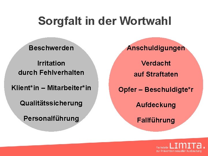 Sorgfalt in der Wortwahl Beschwerden Anschuldigungen Irritation durch Fehlverhalten Verdacht auf Straftaten Klient*in –