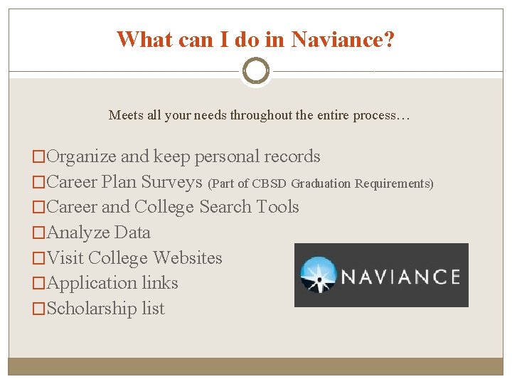 What can I do in Naviance? Meets all your needs throughout the entire process…