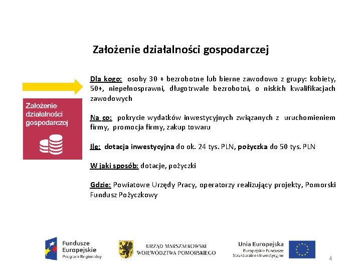 Założenie działalności gospodarczej Dla kogo: osoby 30 + bezrobotne lub bierne zawodowo z grupy: