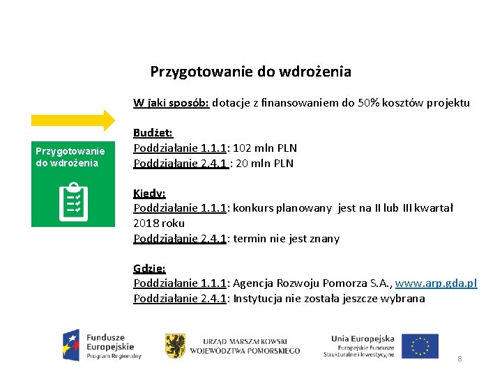 Przygotowanie do wdrożenia W jaki sposób: dotacje z finansowaniem do 50% kosztów projektu Przygotowanie