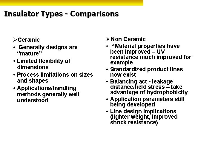 Insulator Types - Comparisons ØCeramic • Generally designs are “mature” • Limited flexibility of