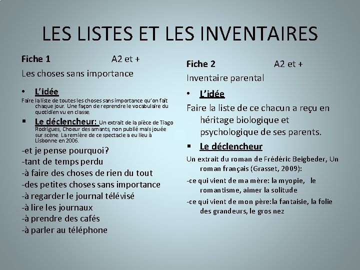 LES LISTES ET LES INVENTAIRES Fiche 1 A 2 et + Les choses sans