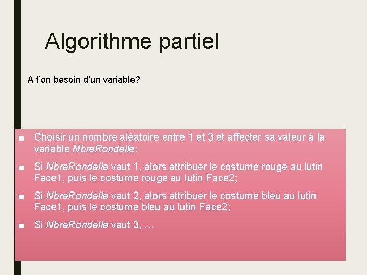 Algorithme partiel A t’on besoin d’un variable? ■ Choisir un nombre aléatoire entre 1