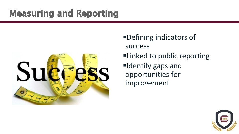 Measuring and Reporting §Defining indicators of success §Linked to public reporting §Identify gaps and