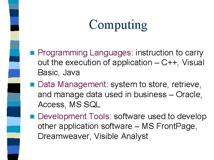 Computing Programming Languages: instruction to carry out the execution of application – C++, Visual