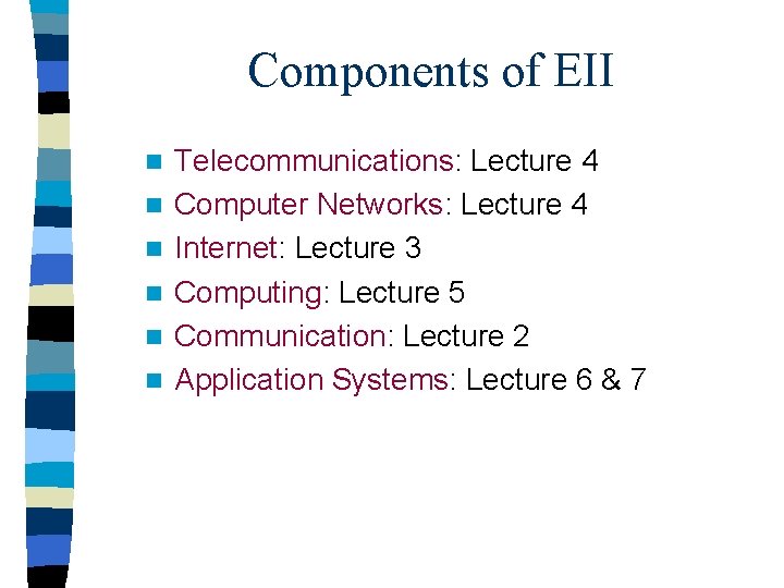 Components of EII n n n Telecommunications: Lecture 4 Computer Networks: Lecture 4 Internet: