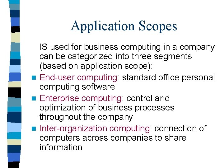 Application Scopes IS used for business computing in a company can be categorized into