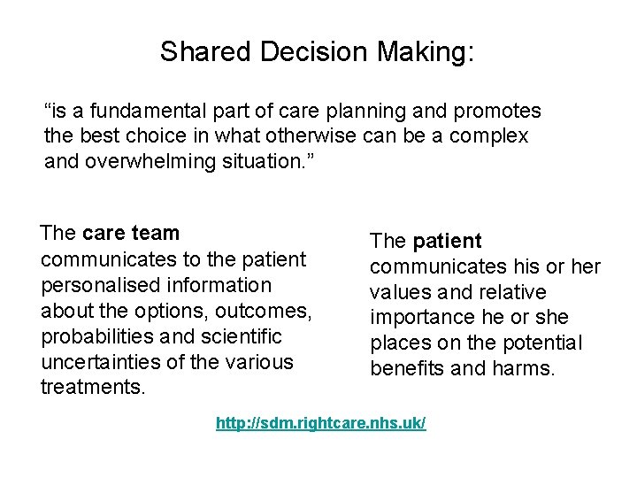 Shared Decision Making: “is a fundamental part of care planning and promotes the best