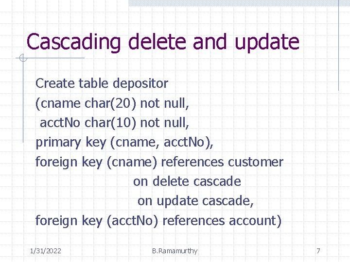 Cascading delete and update Create table depositor (cname char(20) not null, acct. No char(10)