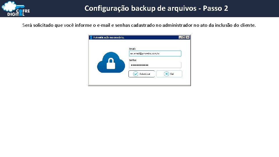 Configuração backup de arquivos - Passo 2 Será solicitado que você informe o e-mail