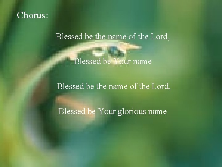 Chorus: Blessed be the name of the Lord, Blessed be Your name Blessed be