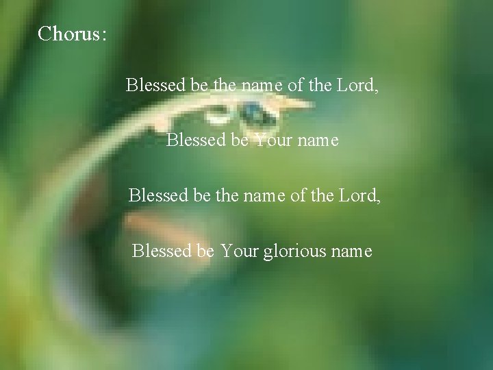 Chorus: Blessed be the name of the Lord, Blessed be Your name Blessed be