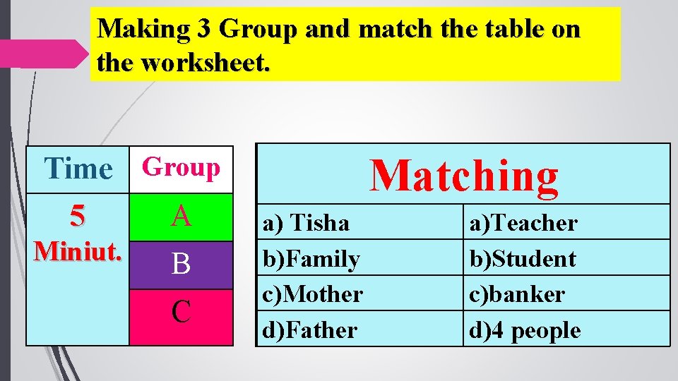Making 3 Group and match the table on the worksheet. Matching Time Group 5