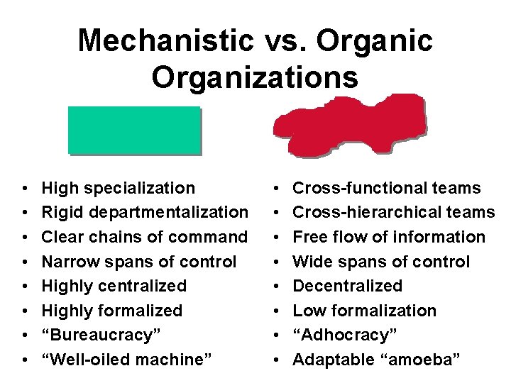Mechanistic vs. Organic Organizations • • High specialization Rigid departmentalization Clear chains of command Mechanistic vs. Organic Organizations • • High specialization Rigid departmentalization Clear chains of command