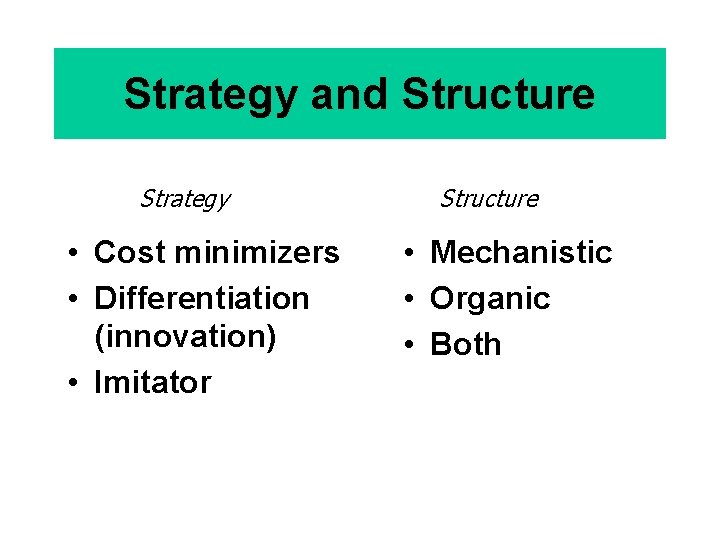 Strategy and Structure Strategy • Cost minimizers • Differentiation (innovation) • Imitator Structure • Strategy and Structure Strategy • Cost minimizers • Differentiation (innovation) • Imitator Structure •