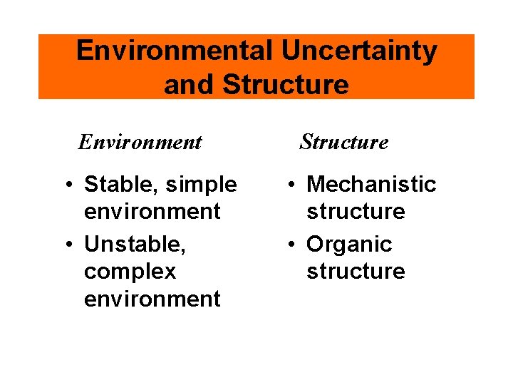 Environmental Uncertainty and Structure Environment • Stable, simple environment • Unstable, complex environment Structure Environmental Uncertainty and Structure Environment • Stable, simple environment • Unstable, complex environment Structure