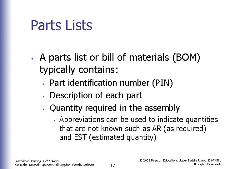Parts Lists • A parts list or bill of materials (BOM) typically contains: •