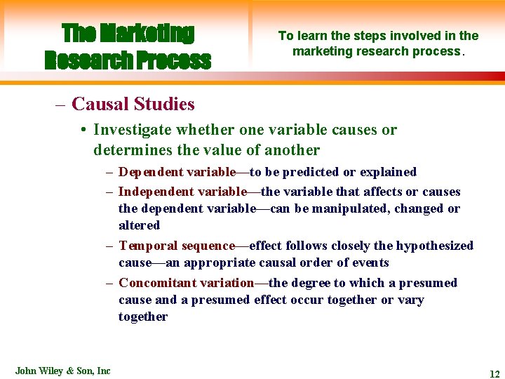The Marketing Research Process To learn the steps involved in the marketing research process.