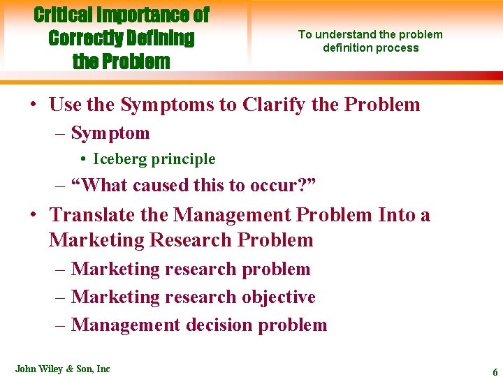 Critical Importance of Correctly Defining the Problem To understand the problem definition process •