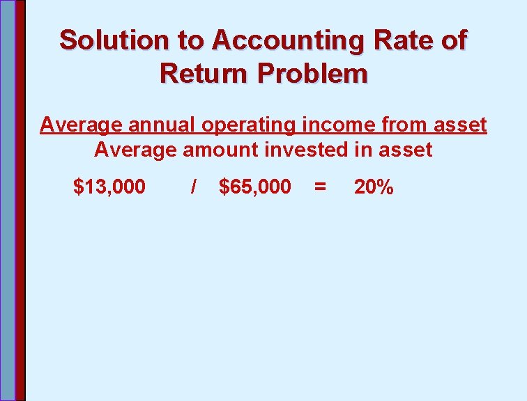 Solution to Accounting Rate of Return Problem Average annual operating income from asset Average