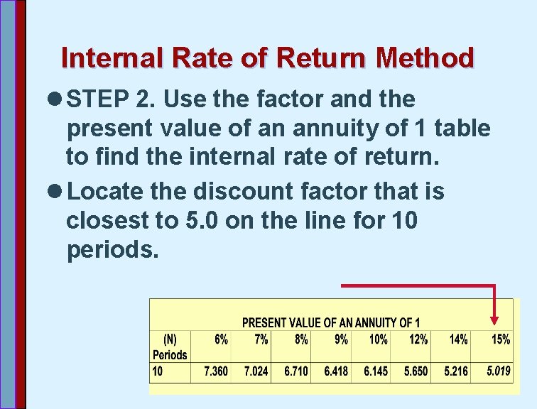 Internal Rate of Return Method l STEP 2. Use the factor and the present