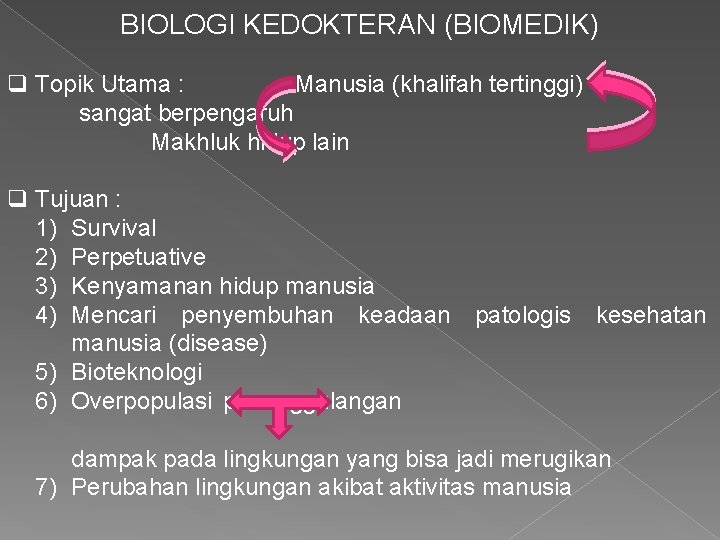 BIOLOGI KEDOKTERAN (BIOMEDIK) q Topik Utama : Manusia (khalifah tertinggi) sangat berpengaruh Makhluk hidup